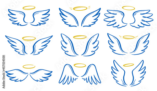 Fototapeta Naklejka Na Ścianę i Meble -  Angel doodle wing and halo set. Hand drawn sketch style wing. Angel, love, religion concept vector illustration. Pencil line drawing.