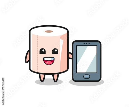 tissue roll illustration cartoon holding a smartphone