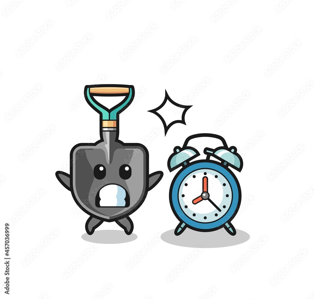 Cartoon Illustration of shovel is surprised with a giant alarm clock Cartoon Illustration of shovel is surprised with a giant alarm clock