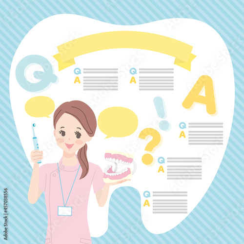 歯磨きの指導をする歯科助手　チラシ風イラスト素材