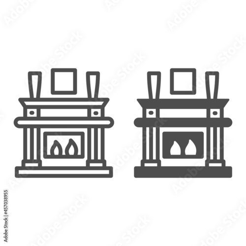 Fireplace, fireside in living room line and solid icon, interior design concept, chimney vector sign on white background, outline style icon for mobile concept and web design. Vector graphics.