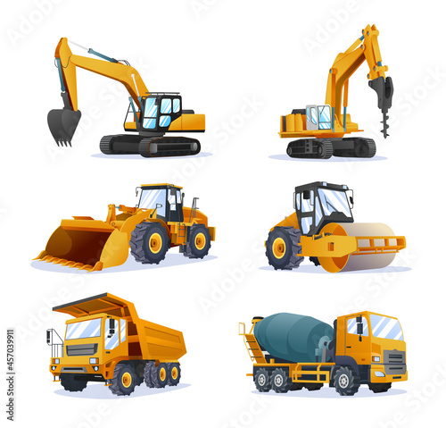 Collection of construction heavy machinery vehicles isolated illustration