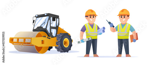 Cute construction engineer characters with steamroller compactor illustration