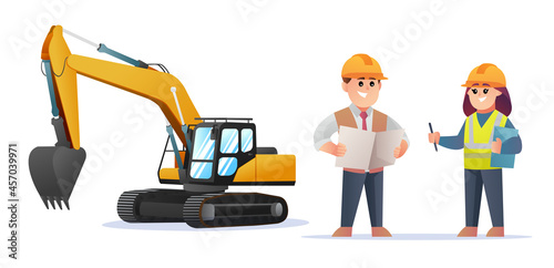 Cute construction foreman and female engineer characters with excavator illustration