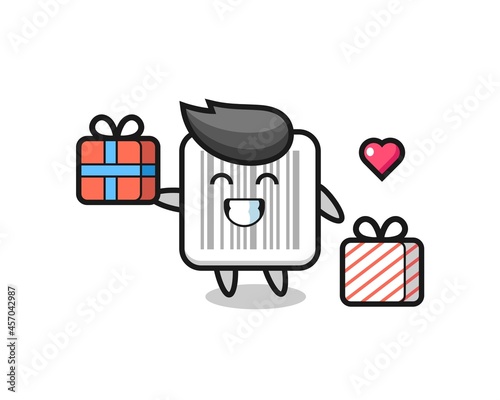 barcode mascot cartoon giving the gift