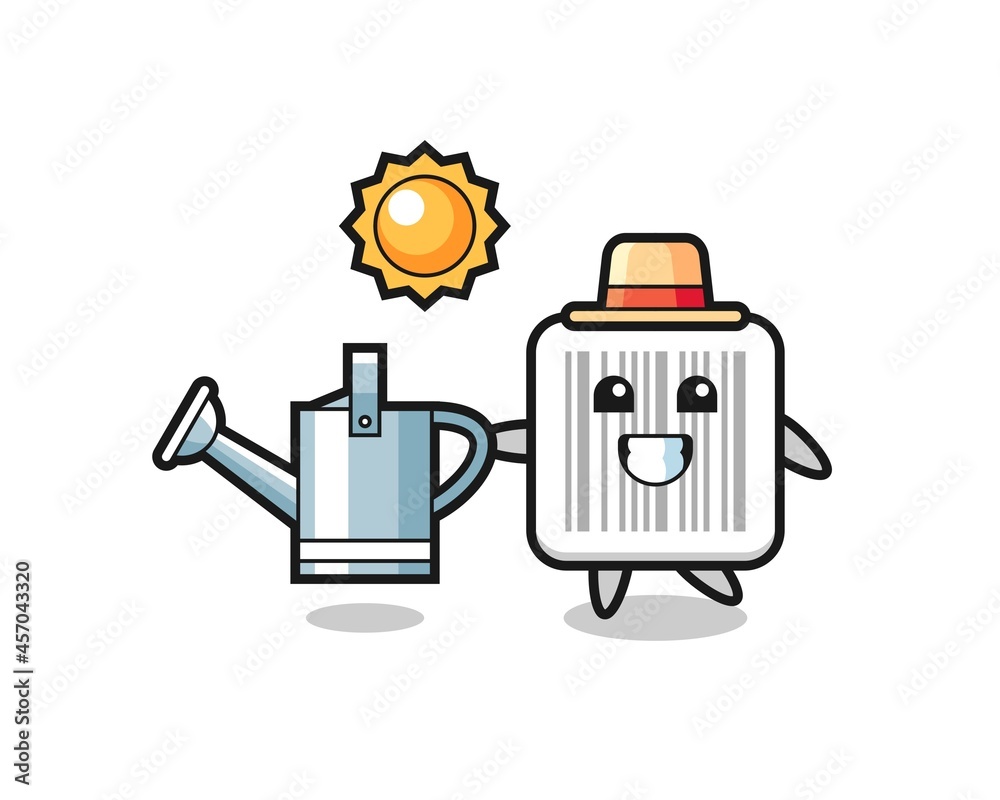 Cartoon character of barcode holding watering can Cartoon character of barcode holding watering can