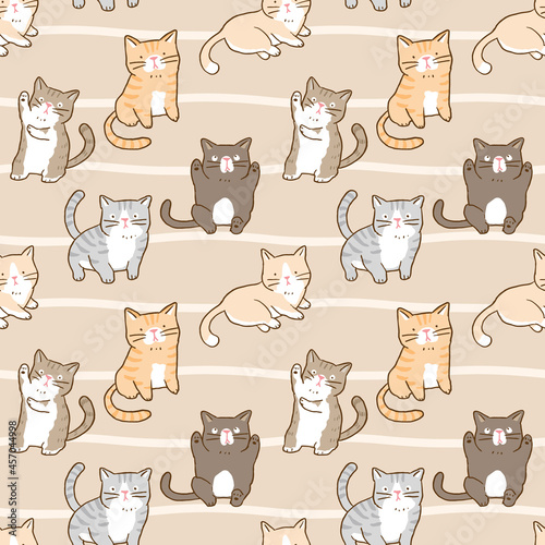 Seamless Pattern with Cute Cat Illustration on Light Brown Background with Wavy Lines