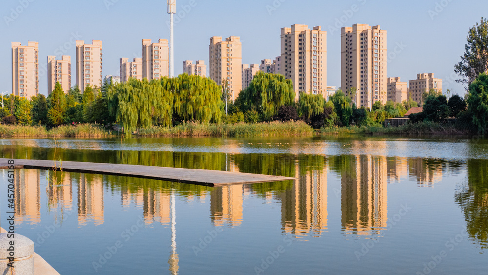 Buildings by the artificial lake