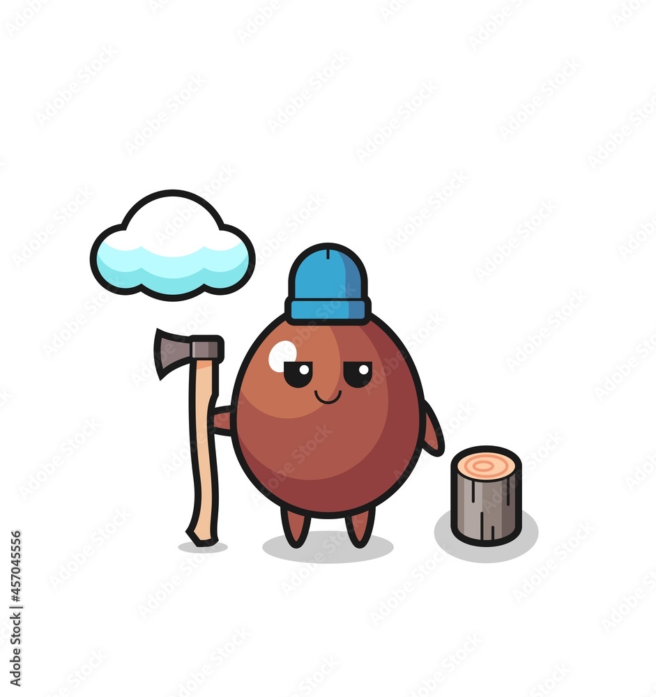 Character cartoon of chocolate egg as a woodcutter Character cartoon of chocolate egg as a woodcutter