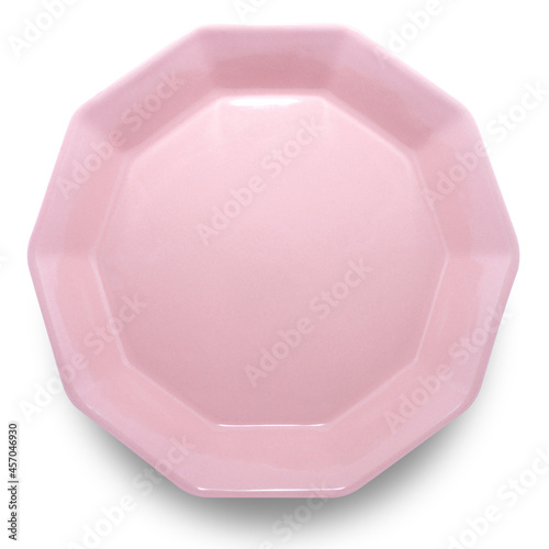 Pink decagon ceramics plate isolated on white background. photo