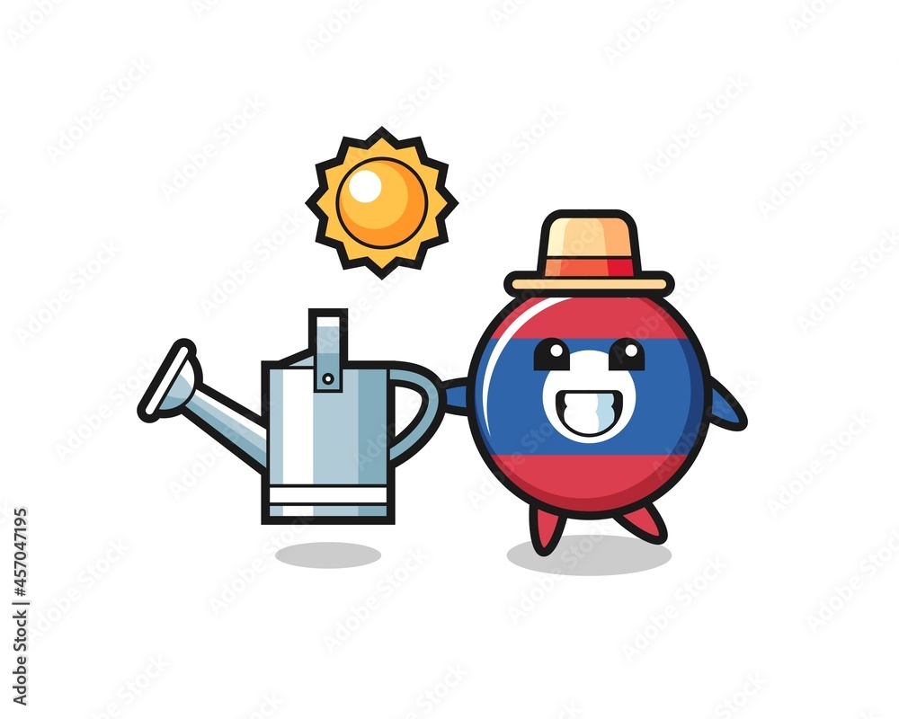 Cartoon character of laos flag badge holding watering can
