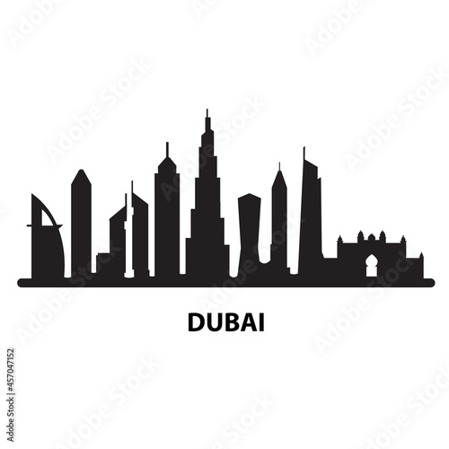 Black Dubai city on white background. Dubai skyline and landmarks sign. Arab Emirates Dubai City symbol. Dubai UAE skyline silhouette. flat style.