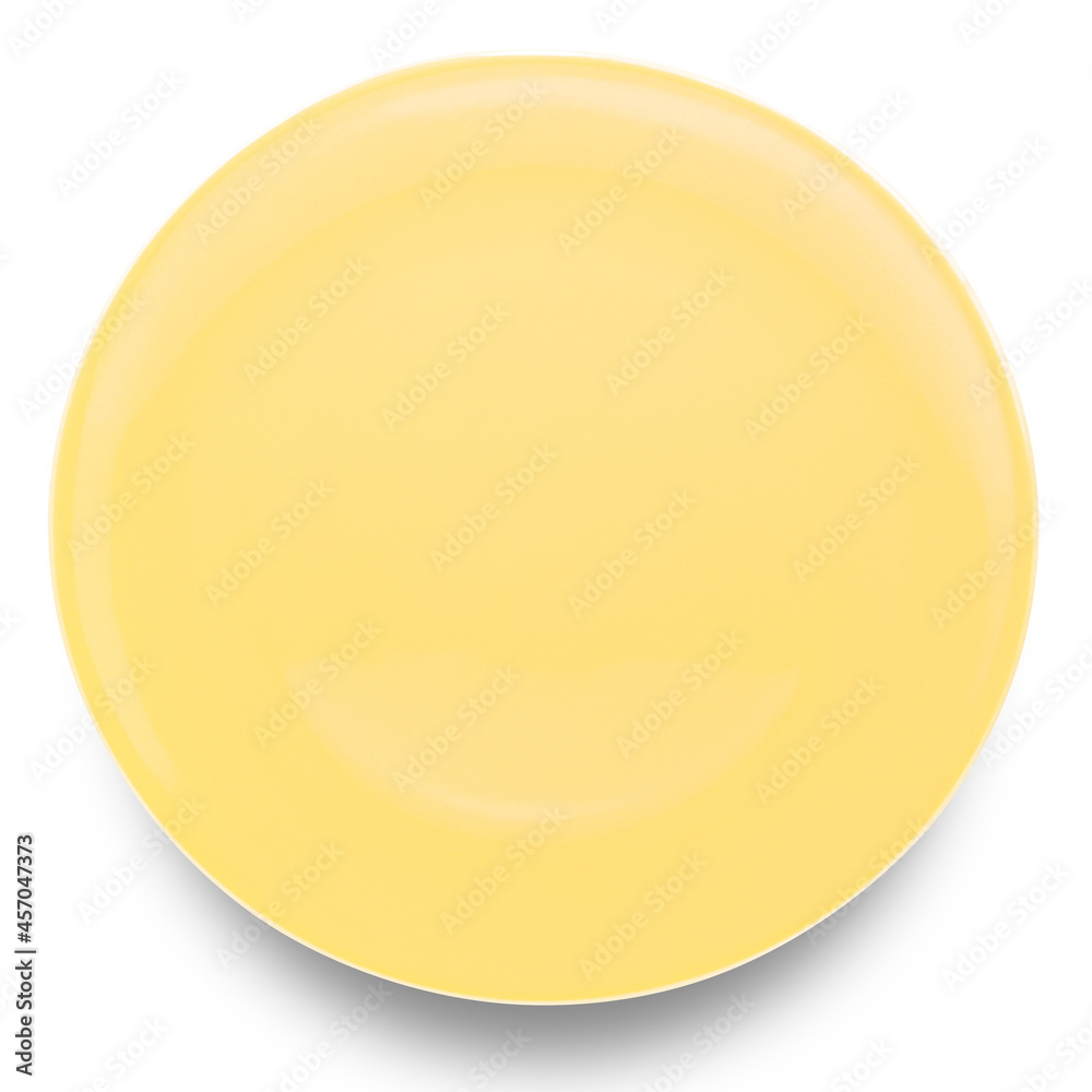 Yellow circle ceramics plate isolated on white background.