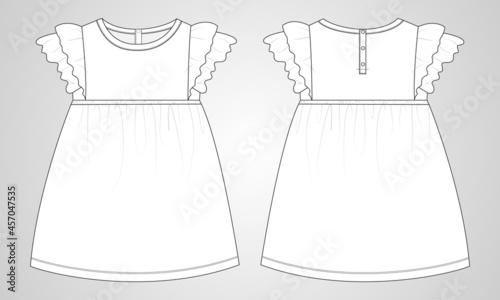 Baby girls dress design technical Flat sketch vector illustration template. Apparel clothing Mock up front and back views Isolated on Grey Background. Kids Fashion vector Art drawing easy editable.