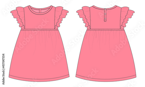 Baby girls dress design technical Flat sketch vector illustration template. Apparel clothing Purple color Mock up front and back views Isolated on White. Kids Fashion vector Art drawing easy editable.