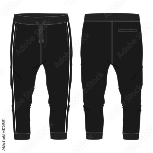 Basic Sweat pant technical fashion flat sketch template front and back views. Apparel Fleece Cotton jogger pants vector illustration Black Color mock up for kids and boys. Fashion design drawing CAD.