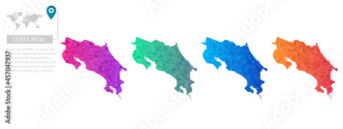 Set of vector polygonal Costa Rica maps. Bright gradient map of country in low poly style. Multicolored country map in geometric style for your