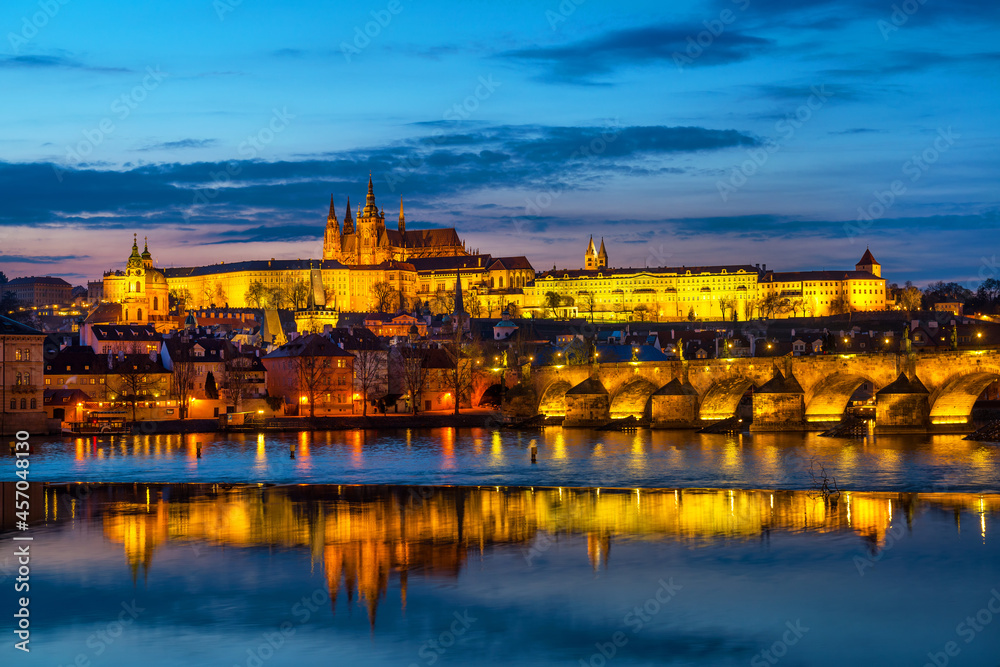 View of Prague Castle with the Palace of the President of the Czech Republic and the Gothic Cathedral from the Vltava River on a spring evening