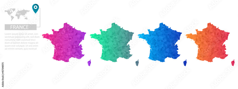 Set of vector polygonal France maps. Bright gradient map of country in low poly style. Multicolored country map in geometric style for your Set of vector polygonal France maps. Bright gradient map of country in low poly style. Multicolored country map in geometric style for your