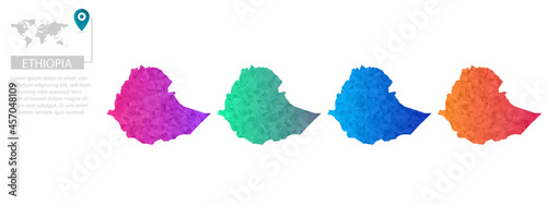 Set of vector polygonal Ethiopia maps. Bright gradient map of country in low poly style. Multicolored country map in geometric style for your