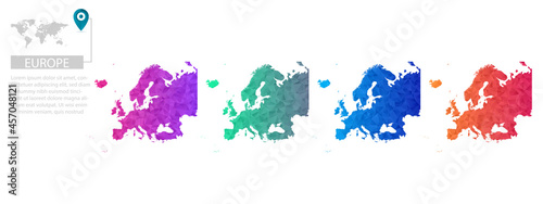 Set of vector polygonal Europe maps. Bright gradient map of country in low poly style. Multicolored country map in geometric style for your
