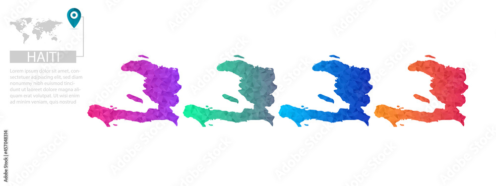 Set of vector polygonal Haiti maps. Bright gradient map of country in low poly style. Multicolored country map in geometric style for your