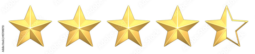 Four and a half gold stars customer icon for product rating review. 3d  rendering of 4 and a half golden stars for website and mobile application  isolated on white background. Stock Illustration