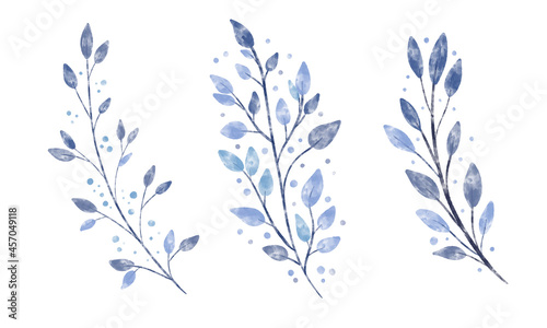 Set of beautiful vintage watercolor textured vector branch with blue leaves and dots. Winter wreath plant element. Floral foliage design artistic botany clip art collection.