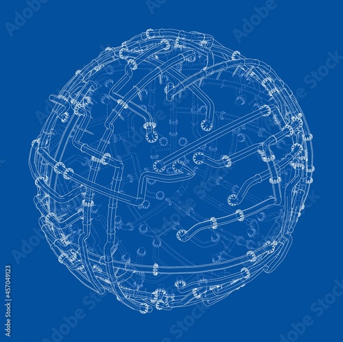 Pipes with flanges around a large sphere. Vector