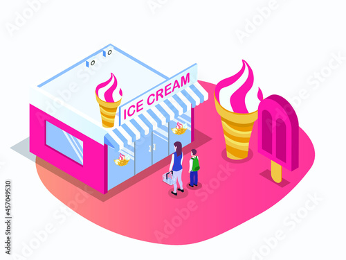 Boy and his mother buying ice cream at the store. isometric vector concept