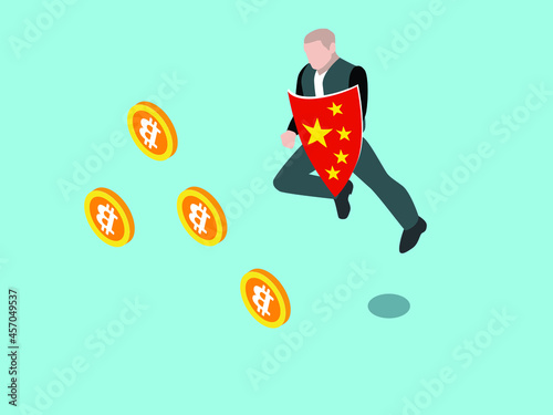 Businessman with a shield and china flag to fight bitcoin. Cryptocurrency ban isometric vector concept