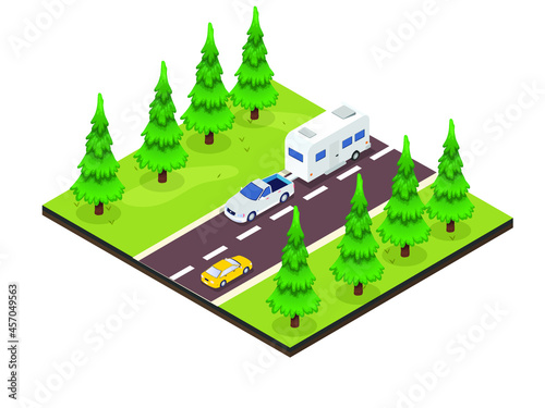 Caravan car moving on the road at the forest during holiday trip. isometric vector concept
