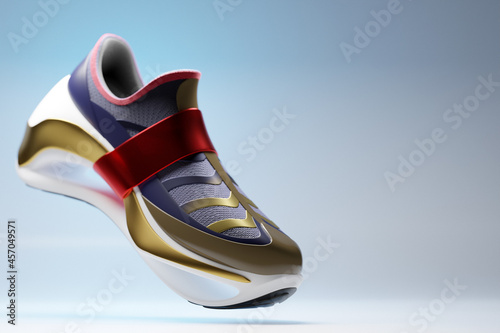 3d illustration blue and red new sports sneakers with gold inserts on a huge foam sole, sneakers in an ugly style.ashionable sneakers. photo