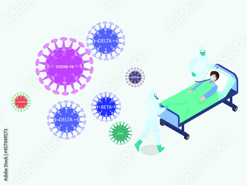 Various coronavirus variant mutation with medical worker carrying emergency patient. isometric vector concept