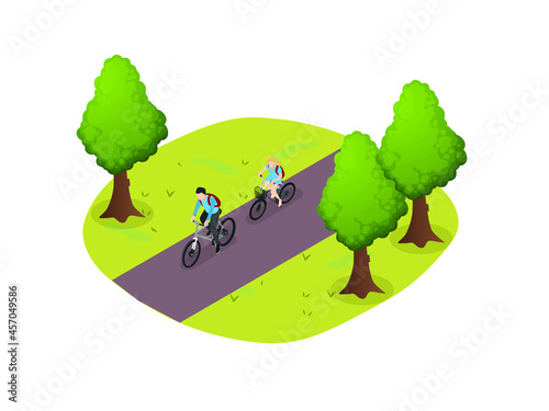 Couple riding bicycle together on the road at the jungle. Ecotourism isometric vector concept