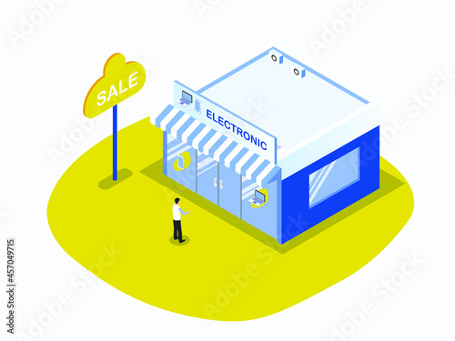 Man visiting electronic store during sale promotion. isometric vector concept