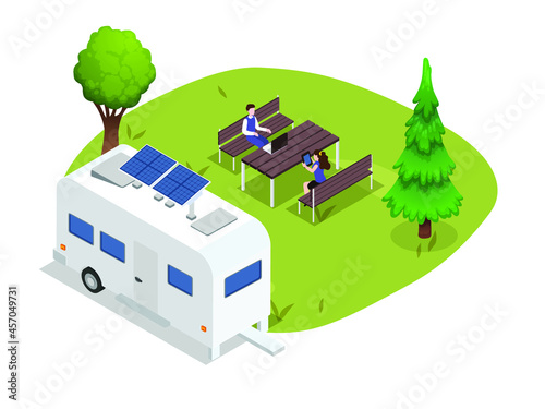 Caravan car or mobile house with couple working with laptop and mobile phone in the nature. isometric vector concept