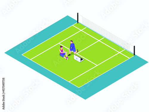 Paramedic helping injured female tennis player on the court. First Aid isometric vector concepts