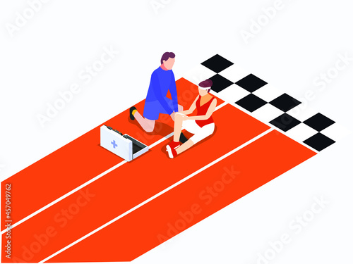 Paramedic helping injured female runner on the running track. First Aid isometric vector concept