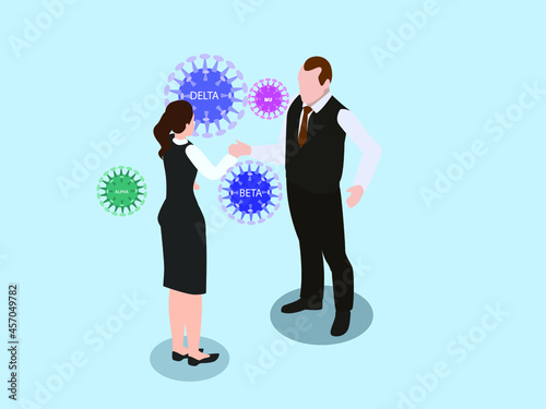 Business people handshaking with various coronavirus variant spreading on the air. isometric vector concept