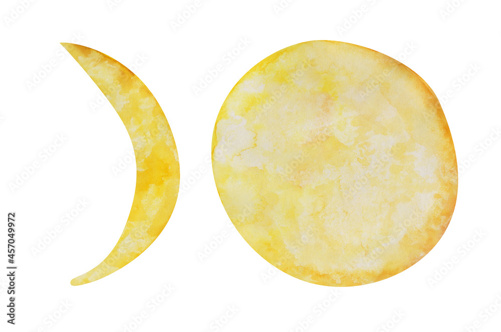 Moon isolated on a white background. Watercolor set of a half-moon and a full moon illustration. Arabian simbol clipart. Hand-drawn abstract objects. Yellow moons in a cartoon style. Simple shapes. Moon isolated on a white background. Watercolor set of a half-moon and a full moon illustration. Arabian simbol clipart. Hand-drawn abstract objects. Yellow moons in a cartoon style. Simple shapes.