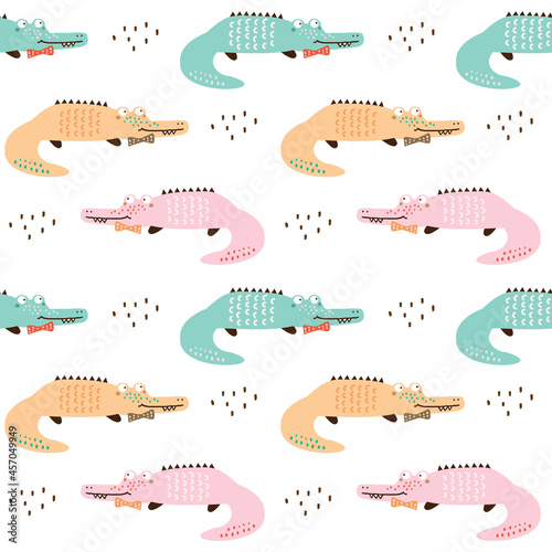 Seamless Pattern with Cartoon Crocodile Design on White Background