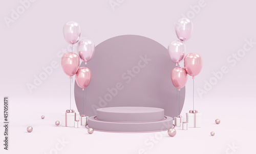 3D Rendering concept of podium product display with balloons purple theme on background for commercial design. 3D Render.