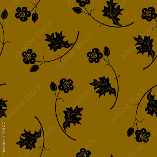 Seamless monochrome floral pattern with silhouetted blooming flower branches. Black silhouettes on cooper gold background.