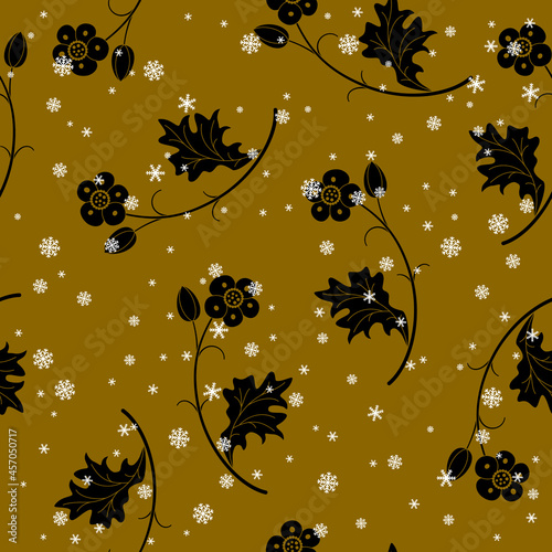 Seamless floral pattern with silhouetted blooming flower branches and snowflakes. On cooper gold background.
