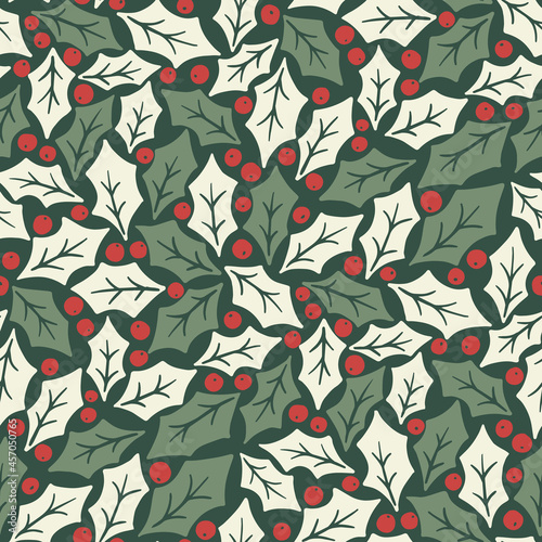 Winter Holidays Holly Foliage and Berries Vector Seamless Pattern. Modern Christmas Background. Colorful Minimal Hand-Drawn Print.