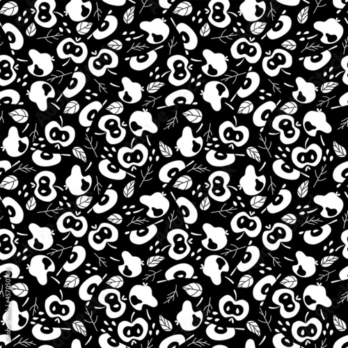 Black and white apple monochrome seamless pattern vector. Stylized apples and slices, seeds and leaves by black, white and grey colors. Perfect for home decor, clothes and more