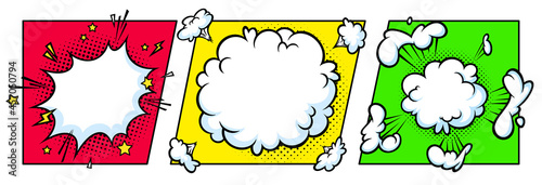 Surprising boom cloud in halftone background for sales and promotions. Colorful banner template for surprises and bursting events. Vector illustration in pop art style