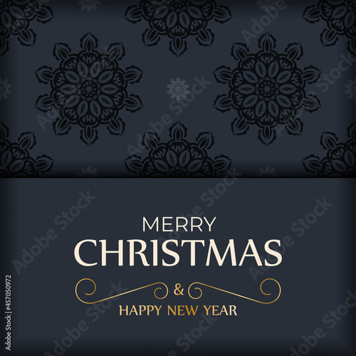 Holiday card Merry Christmas and Happy New Year in dark blue with winter blue pattern