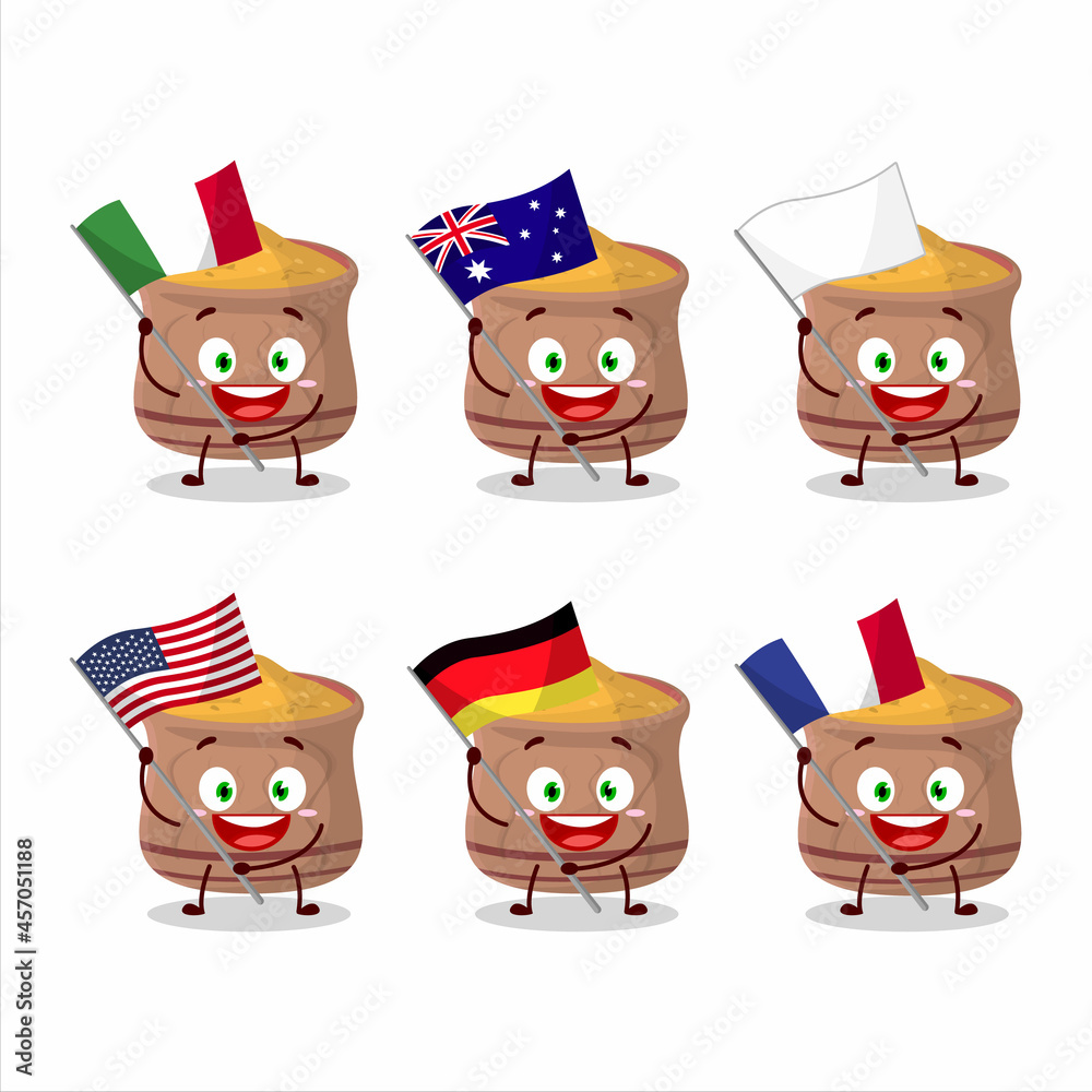 Curcuma cartoon character bring the flags of various countries